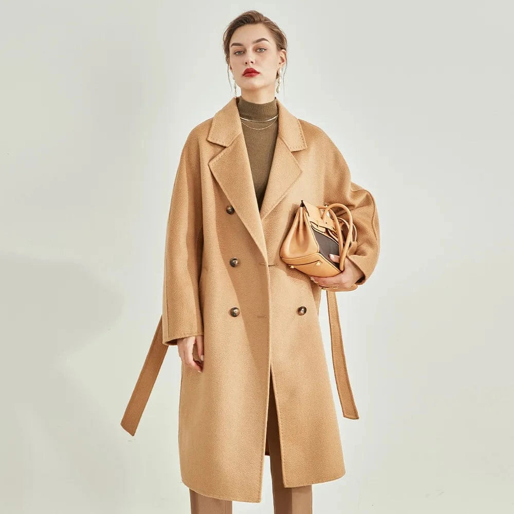 Double Breasted Cashmere Coat Elegant Belted Water Ripple Wool Coats Women