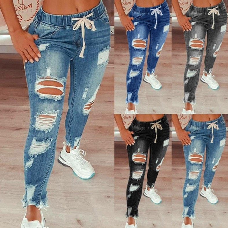 Drop Ship Plus Size Fashion Designer Baggy Female Blue Distressed Ripped Jeans Trouser High Quality Jean For Women