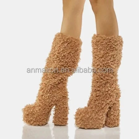 Drop shipping ankle boots wholesale brown fur short boots ANMAIRON chunky heel for women sexy platform boots