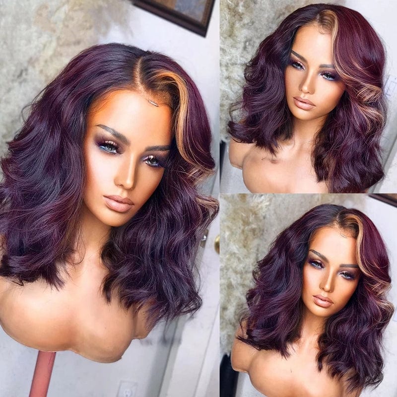 Drop Shipping Ombre Purple Color Natural Wave Invisible Knots Full Raw Cuticle Aligned Human Hair Lace Front Wigs