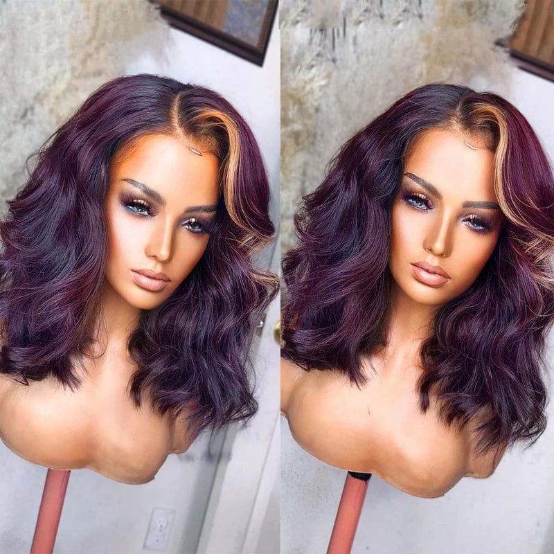 Drop Shipping Ombre Purple Color Natural Wave Invisible Knots Full Raw Cuticle Aligned Human Hair Lace Front Wigs