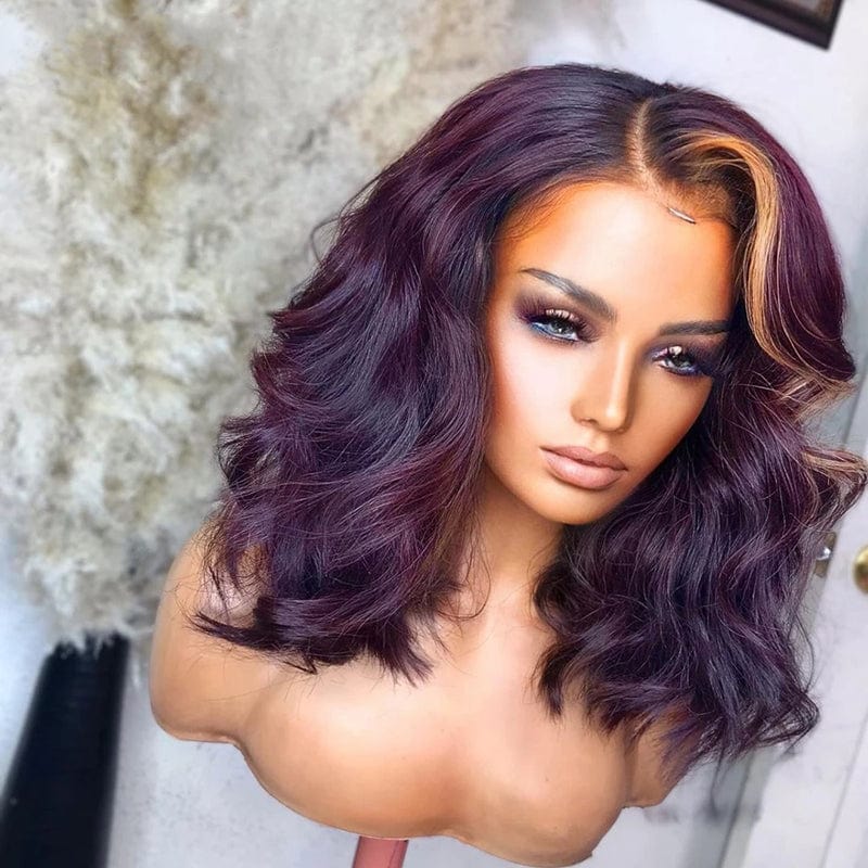 Drop Shipping Ombre Purple Color Natural Wave Invisible Knots Full Raw Cuticle Aligned Human Hair Lace Front Wigs