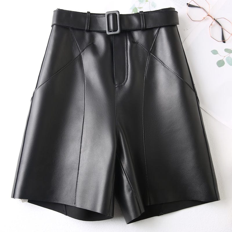 Drop Shipping Spring 22 Hot Short Pants Sheepskin Leather Fifth Pants High Waist Mid Length Pants Ladies With Belt