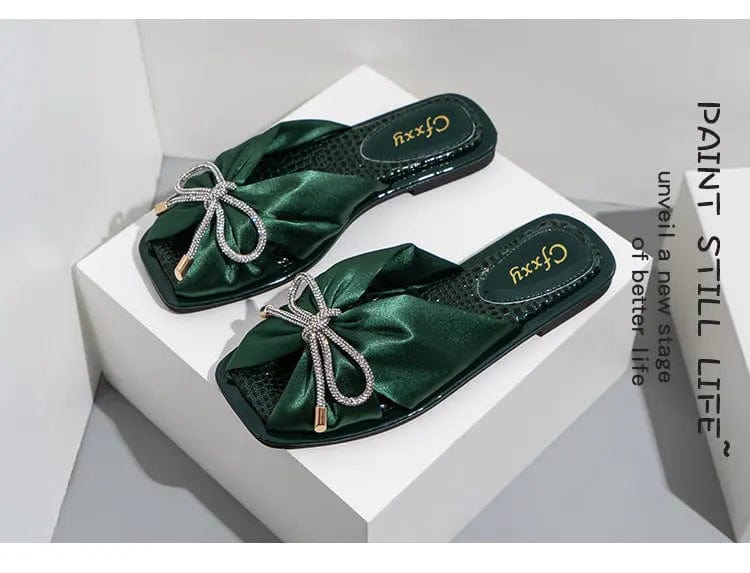 Drop shipping summer slip on satin bow tie classic square toe flat slippers women's sandals beautiful women's sport sandals