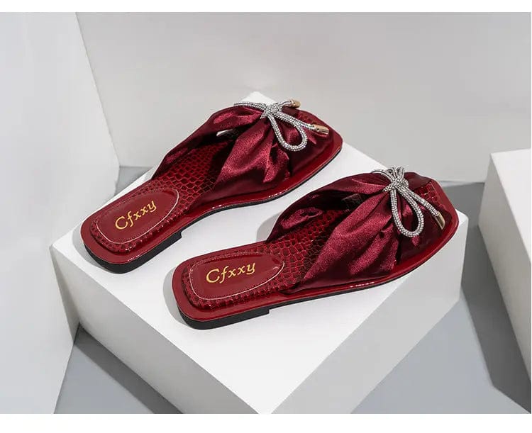 Drop shipping summer slip on satin bow tie classic square toe flat slippers  women's sandals beautiful women's sport sandals