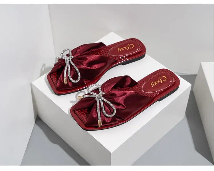 Drop shipping summer slip on satin bow tie classic square toe flat slippers  women's sandals beautiful women's sport sandals