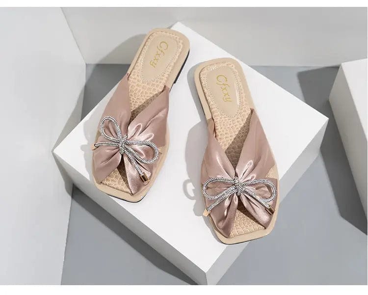 Drop shipping summer slip on satin bow tie classic square toe flat slippers women's sandals beautiful women's sport sandals