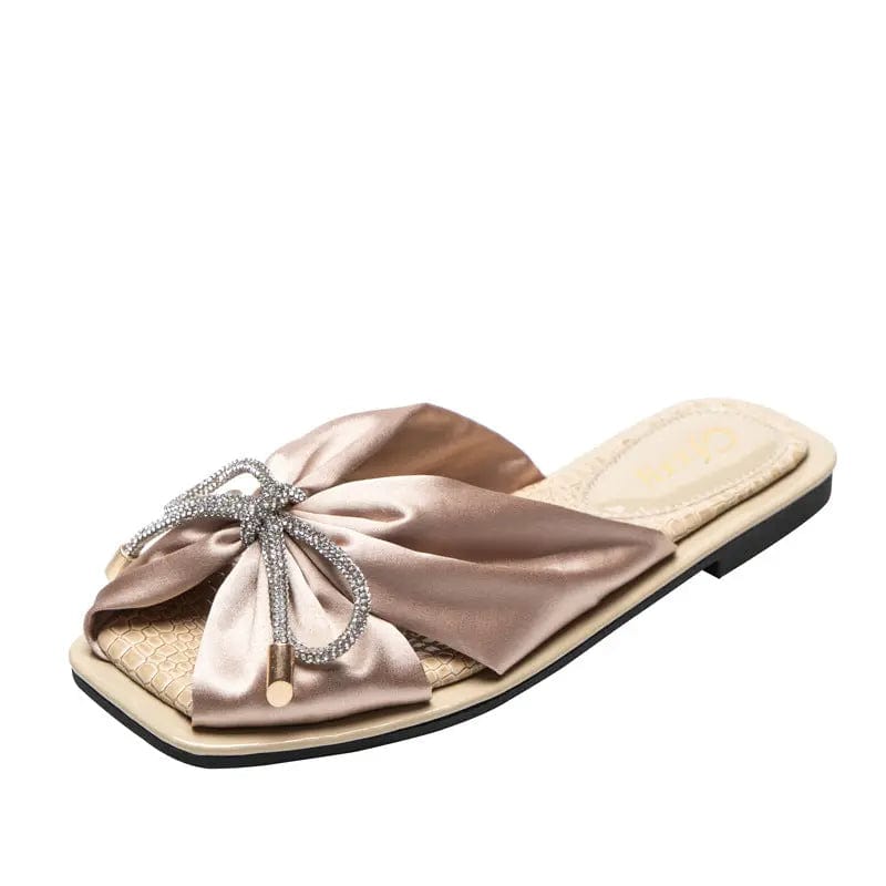 Drop shipping summer slip on satin bow tie classic square toe flat slippers women's sandals beautiful women's sport sandals