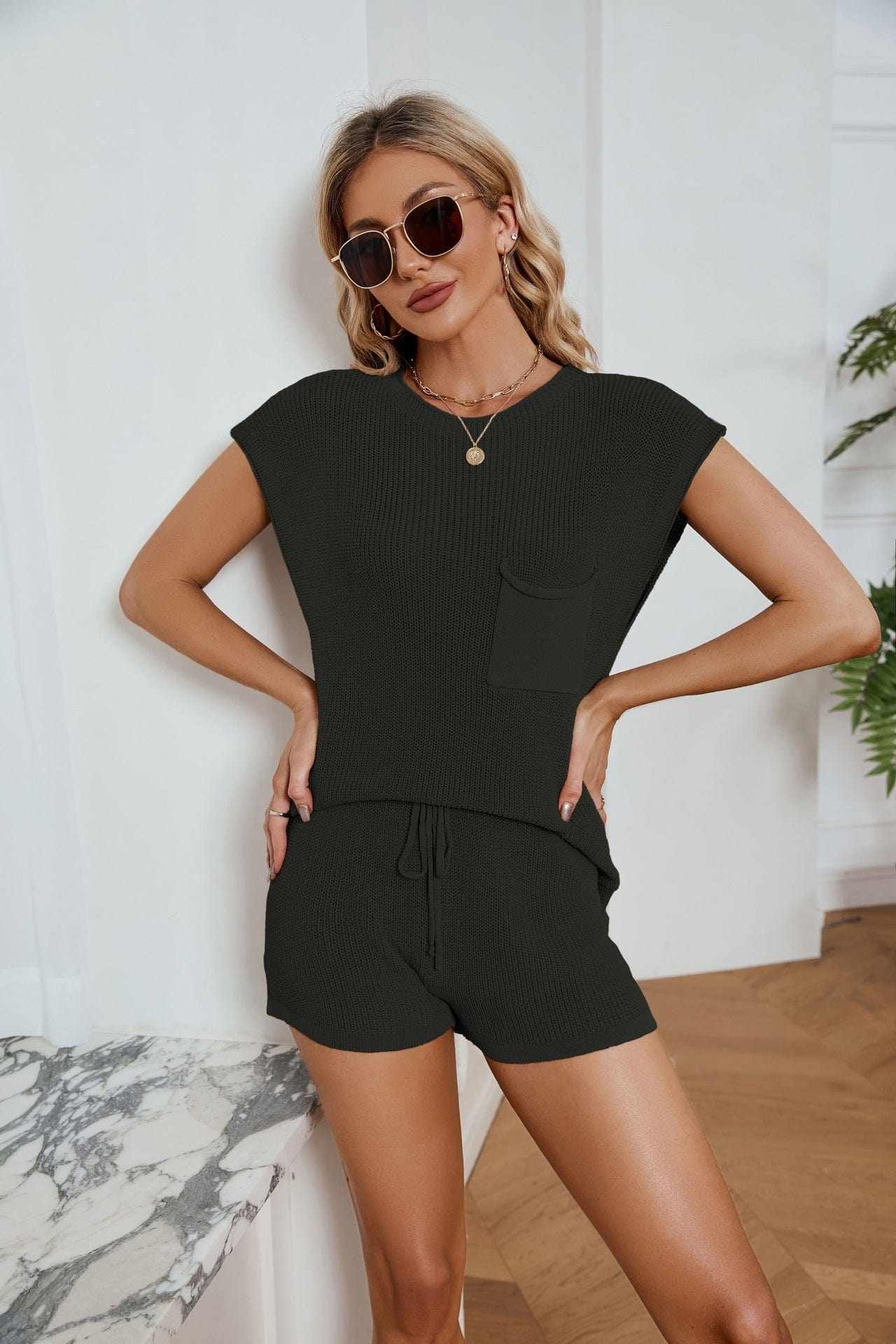 Dropshipping agent china vendor knitted boutique high quality casual knitted shorts set