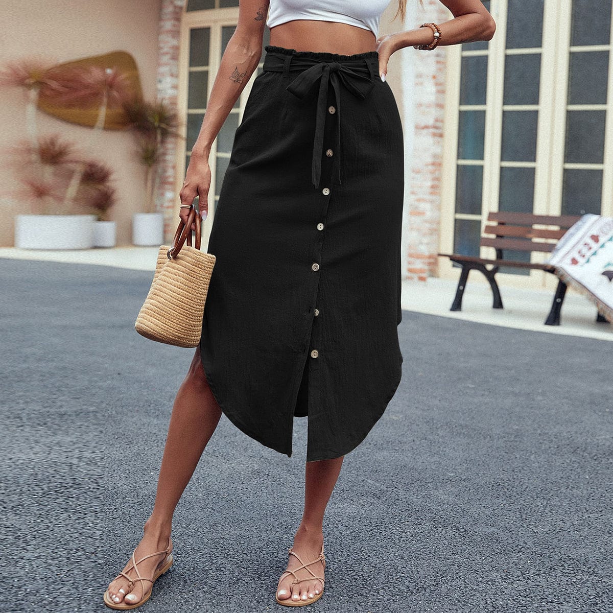 Dropshipping Linen Skirt Wrap Fashion Outfits Women Solid Color Cotton Linen Skirt With Belt