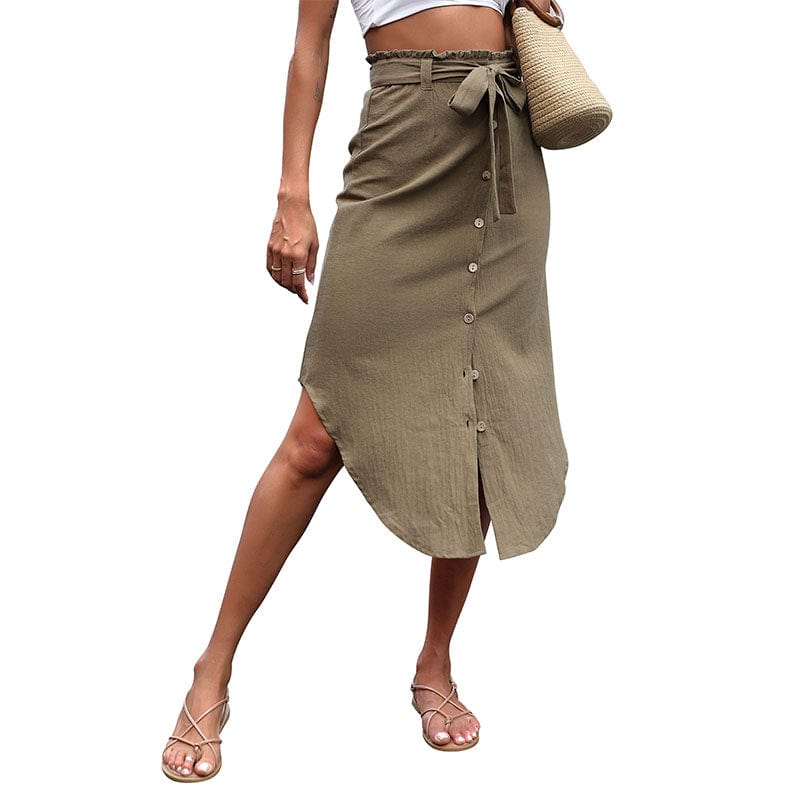 Dropshipping Linen Skirt Wrap Fashion Outfits Women Solid Color Cotton Linen Skirt With Belt