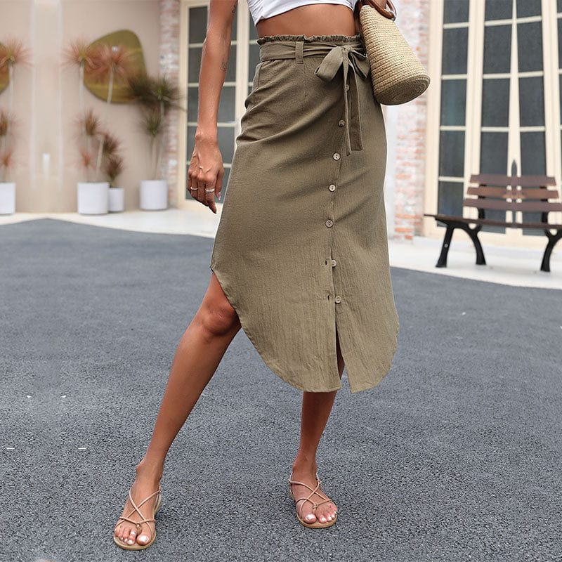 Dropshipping Linen Skirt Wrap Fashion Outfits Women Solid Color Cotton Linen Skirt With Belt