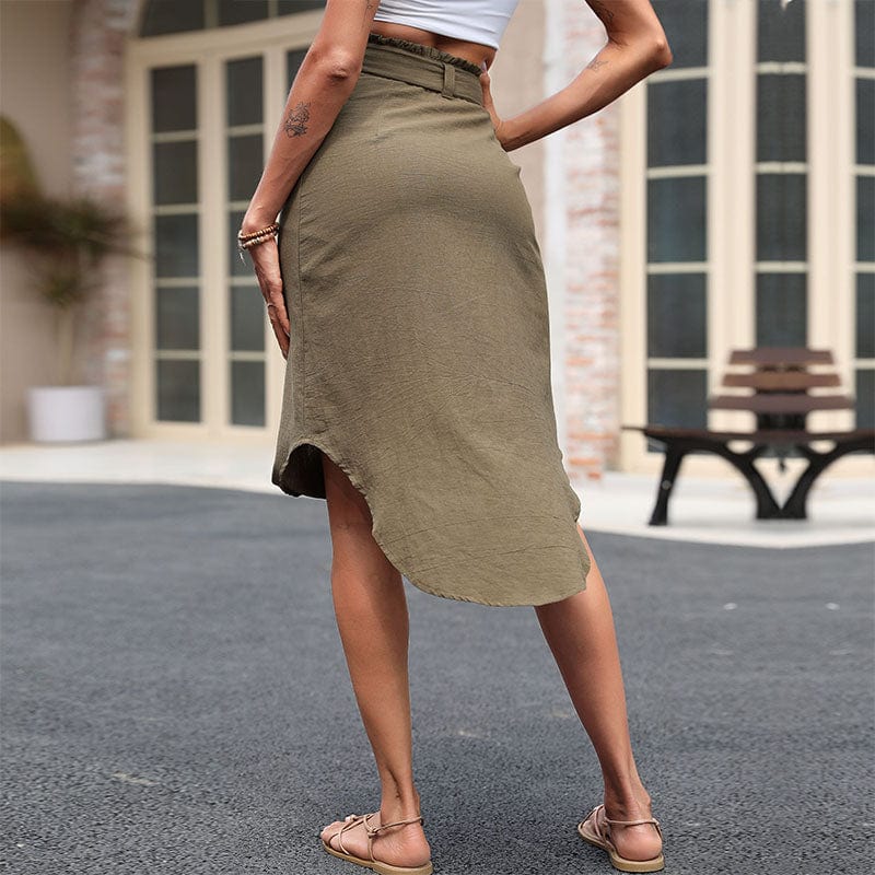 Dropshipping Linen Skirt Wrap Fashion Outfits Women Solid Color Cotton Linen Skirt With Belt