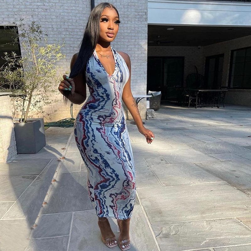 Dropshipping Summer 2022 ladies long dress casual plus size halter v-neck dress print one piece women sleeveless maxi dress