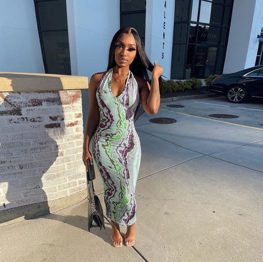 Dropshipping Summer 2022 ladies long dress casual plus size halter v-neck dress print one piece women sleeveless maxi dress