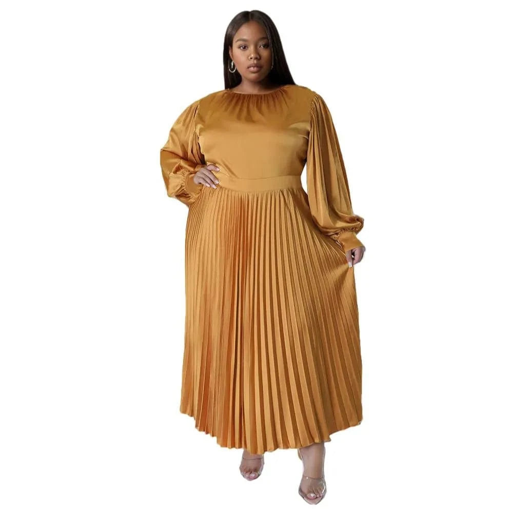 E0110ME01 Explosive Models Plus Size Long Sleeve Crewneck Pleated Sexy Maxi Women Dresses Sehe Fashion