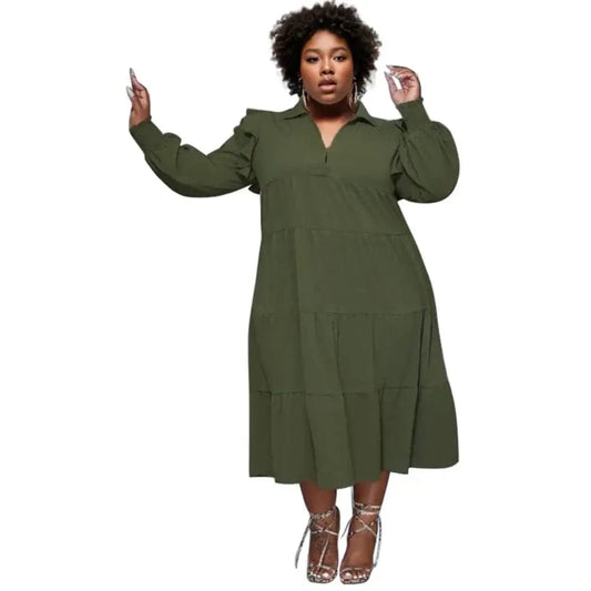 E0110ME05 On Sale Plus Size Solid Color Ruffle Sleeve Elegant Casual Vintage Women Dresses Sehe Fashion