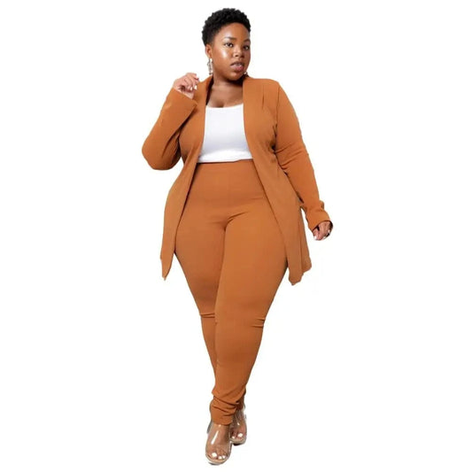 E0110ME11 Popular Plus Size Solid Color Long Sleeve Workout Office Style 2 Piece Blazer Suits Sets Women Sehe Fashion