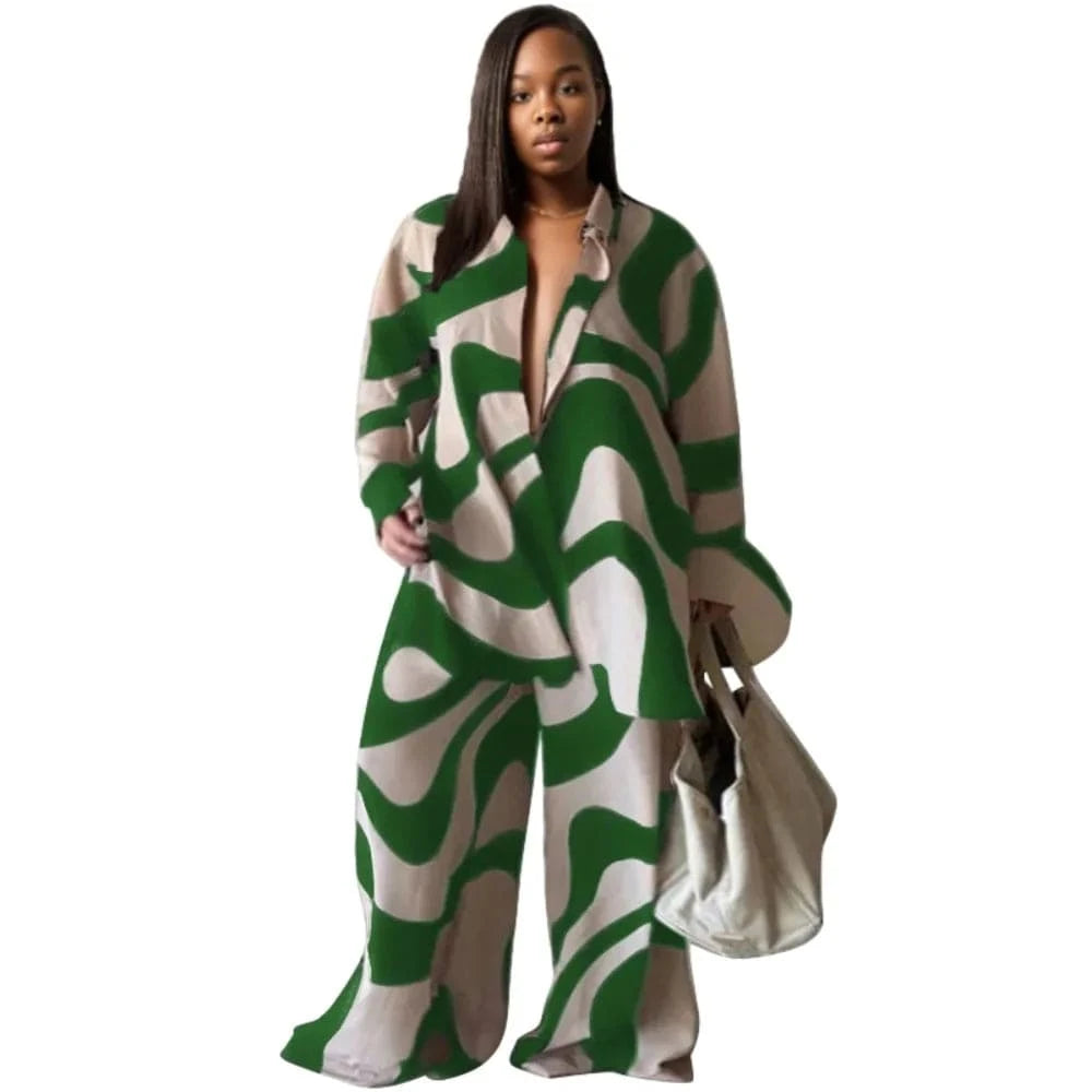 E0110ME12 Spot Goods Plus Size Print Casual Matching Straight Pants Loose Leg 2 Piece Women Sets Sehe Fashion