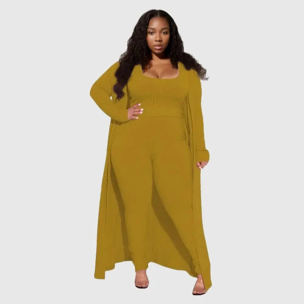 E0110ME14 New Design Plus Size Loungwear Ribbed Good Stretch 3 Piece Basic Clothing Sets Women Sehe Fashion