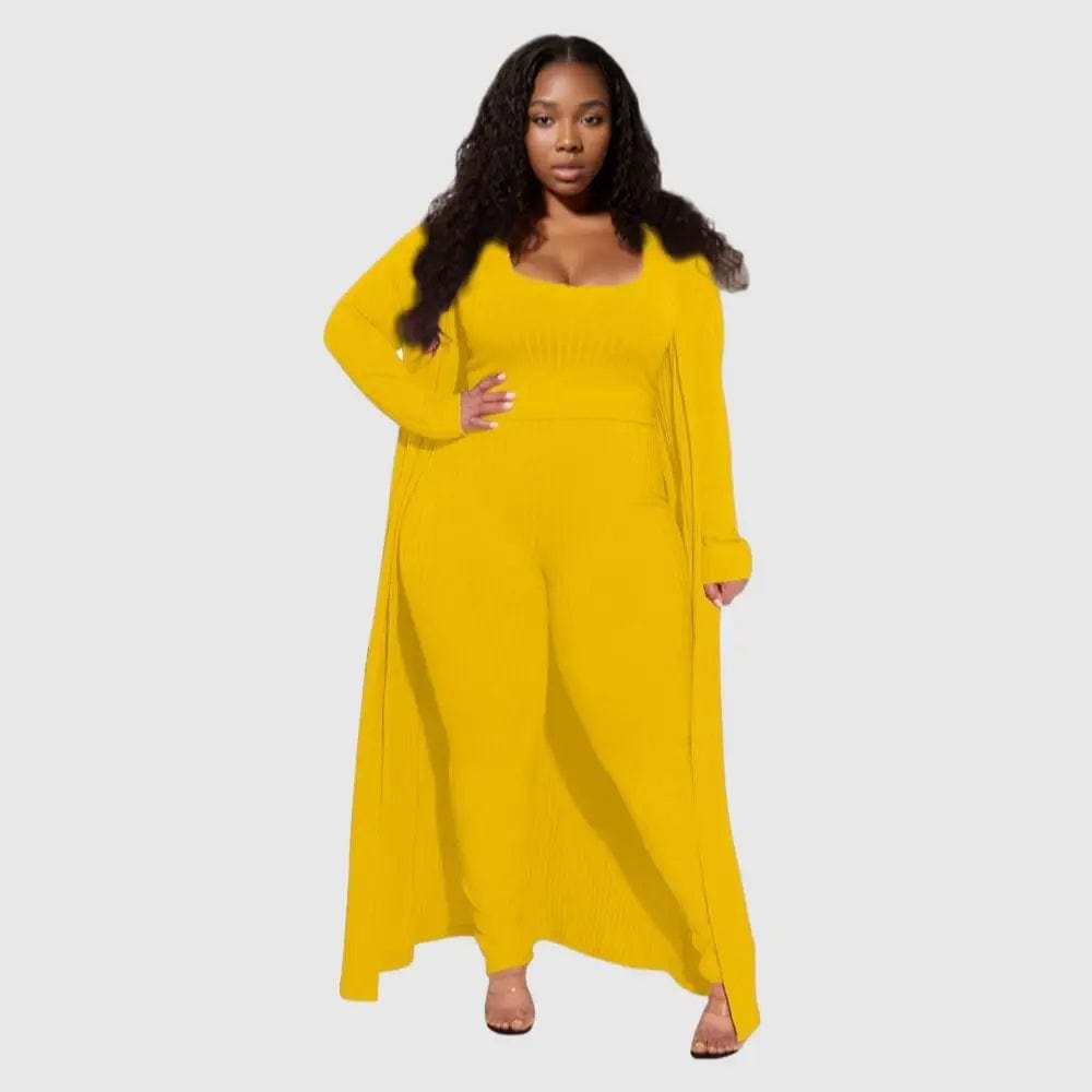 E0110ME14 New Design Plus Size Loungwear Ribbed Good Stretch 3 Piece Basic Clothing Sets Women Sehe Fashion