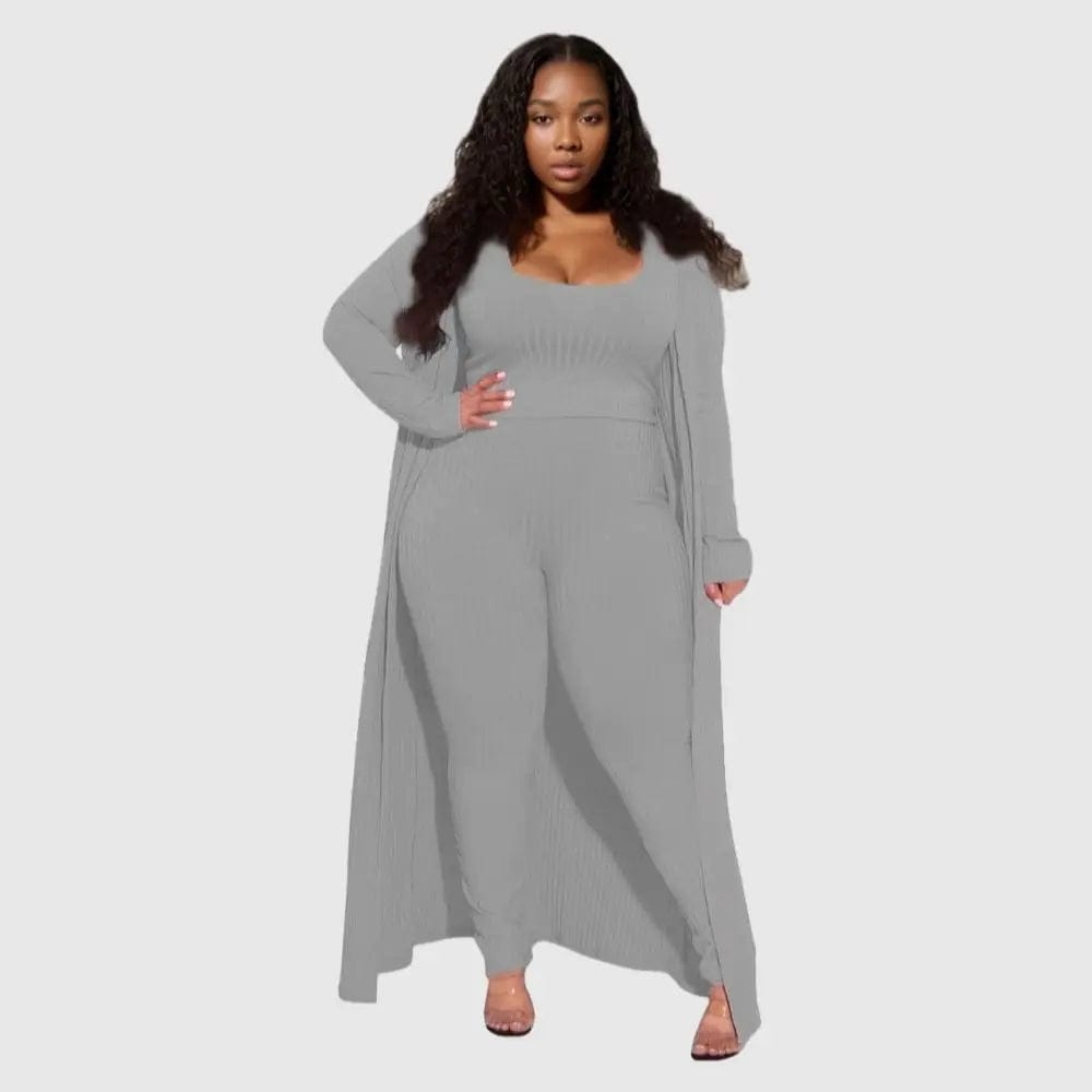 E0110ME14 New Design Plus Size Loungwear Ribbed Good Stretch 3 Piece Basic Clothing Sets Women Sehe Fashion