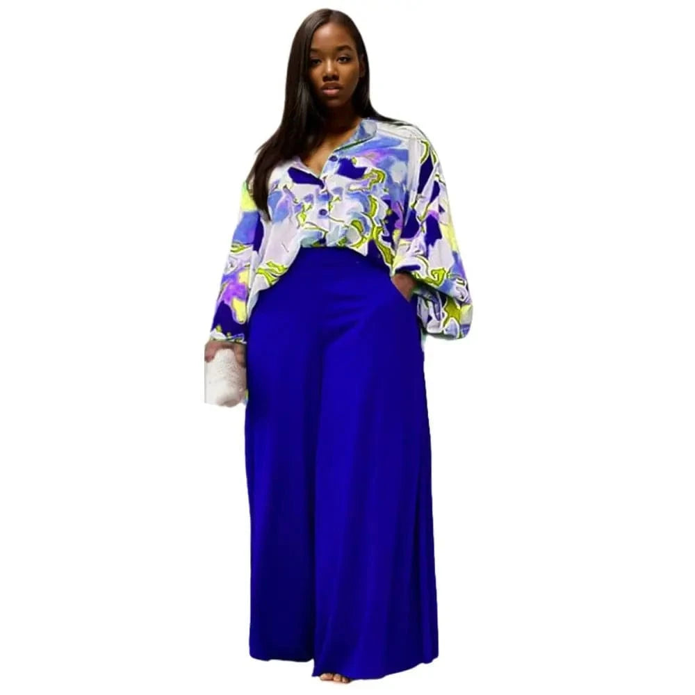 E0110ME16 High Quality Plus Size Floral Print Workout Loose Leg Pants 2 Piece Matching Women Set Sehe Fashion