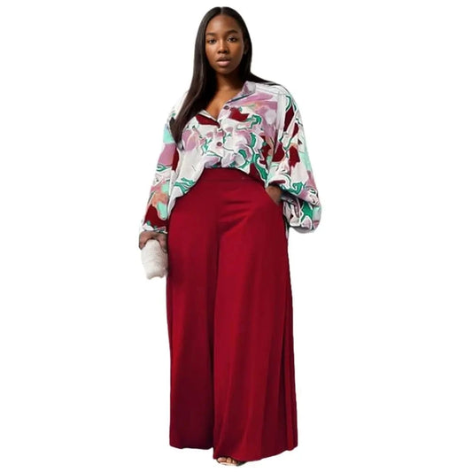 E0110ME16 High Quality Plus Size Floral Print Workout Loose Leg Pants 2 Piece Matching Women Set Sehe Fashion