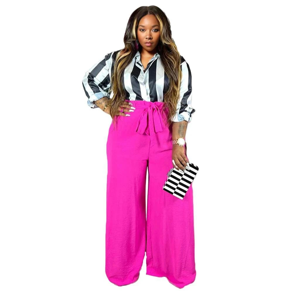 E0110ME17 2024 Wholesale Plus Size Black And White Striped Wide Leg 2 Piece Piece Women Sets Sehe Fashion
