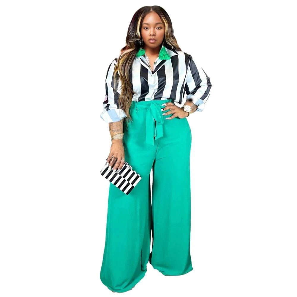 E0110ME17 2024 Wholesale Plus Size Black And White Striped Wide Leg 2 Piece Piece Women Sets Sehe Fashion