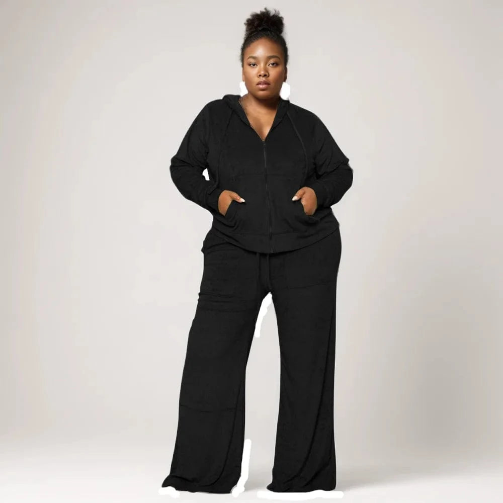 E0110ME20 Latest Models Plus Size Hooded Zipper Up Wide Leg Sprint Two Piece Outfit Women Sets Sehe Fashion
