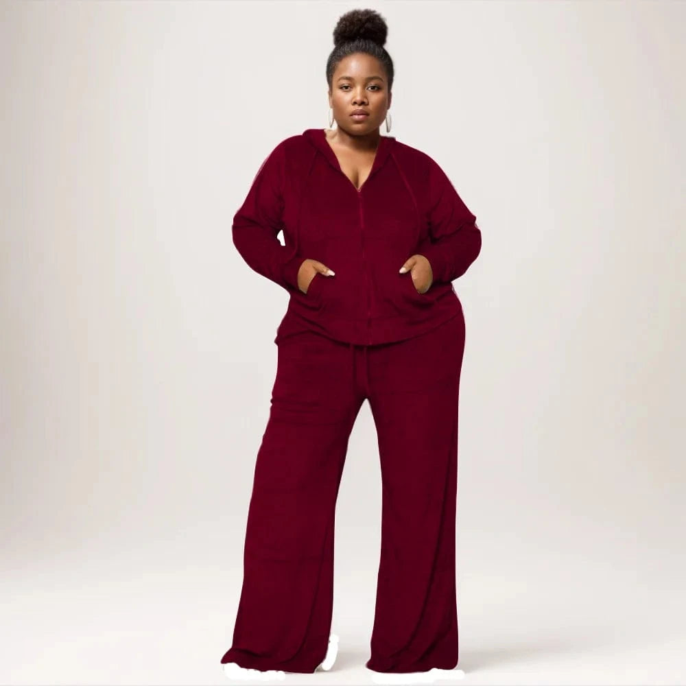 E0110ME20 Latest Models Plus Size Hooded Zipper Up Wide Leg Sprint Two Piece Outfit Women Sets Sehe Fashion