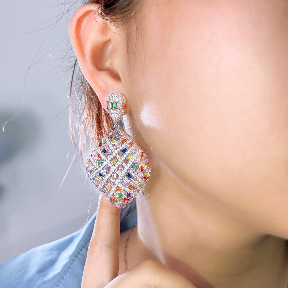 E0973 Fancy Cross Line Colorful Heavy Cubic Zirconia Stone Pave Luxury Big Rhombic Drop Dangle Engagement Earrings for Women's Jewelry