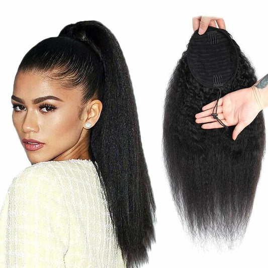 Easy Wearing Natural Color Kinky Straight Human Hair Drawstring Long Ponytails Yaki Hair Extensions for Black Women