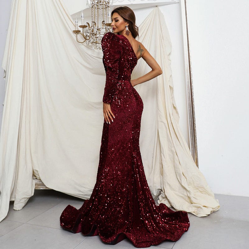 ED2140 Women Trendy Clothing One Shoulder Floor-length Plus Size Prom Dresses Party Maxi Sequin Evening Dress