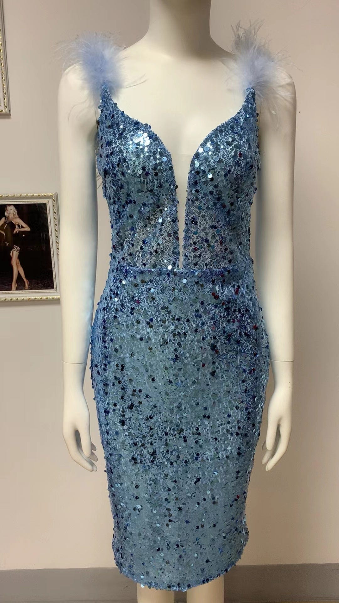 ED2208 Kimshein Ladies Luxury Deep V Neck With Mesh Feather Strap Sequined Evening Dinner Dress Party