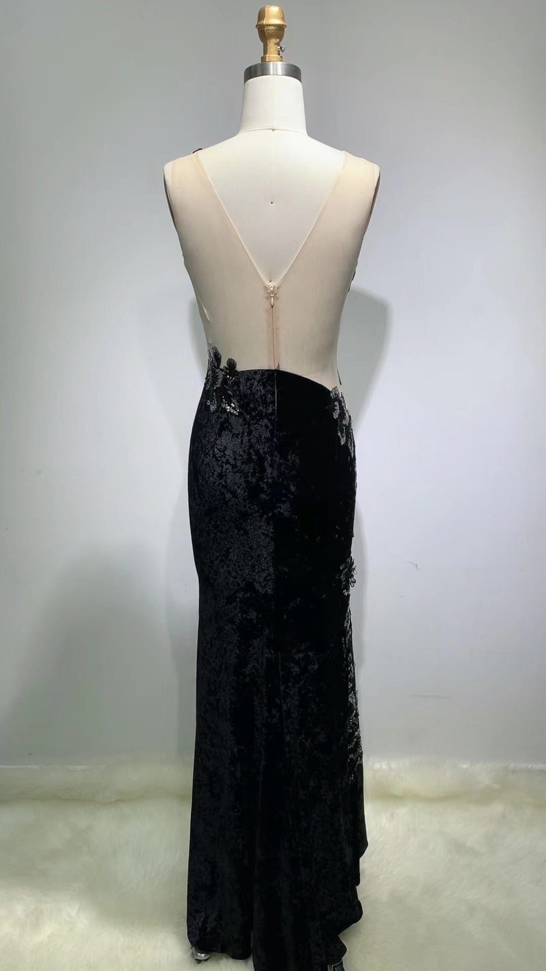 ED2218 Kimshein Transparent Dresses Women Mesh Backless Crop Top Sequin Flower Applique Velvet Dresses Party Evening