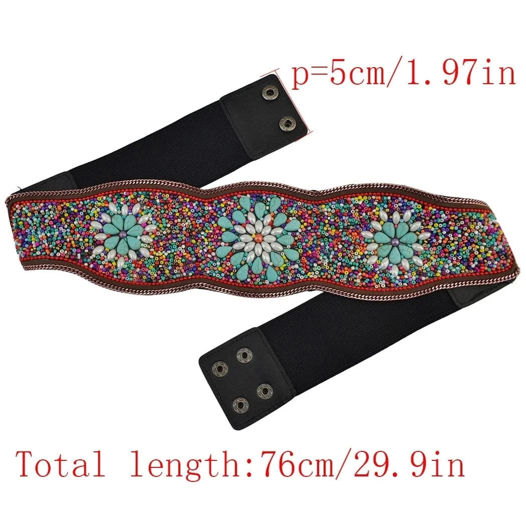 Elastic Bohemian Women belt Colorful Turquoise Bead Flower Leather Belt Bohemian Ethnic Body Jewelry