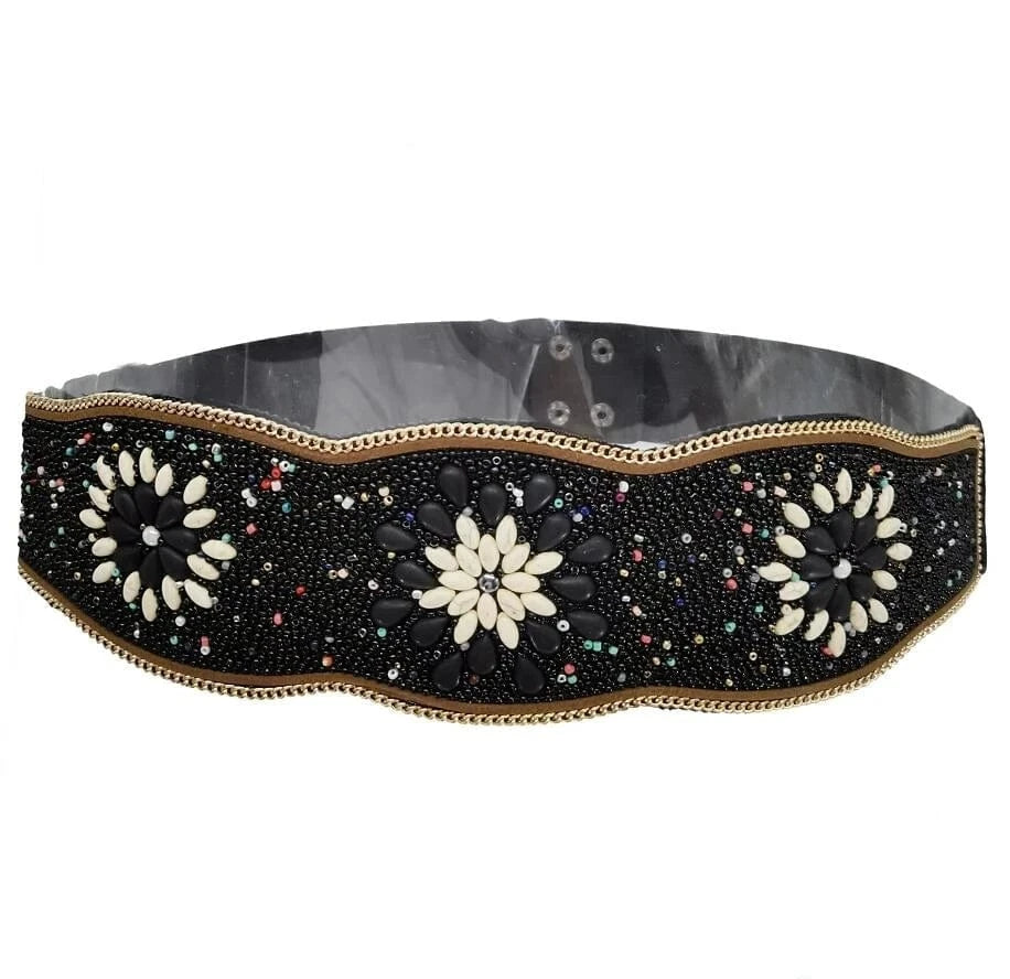 Elastic Bohemian Women belt Colorful Turquoise Bead Flower Leather Belt Bohemian Ethnic Body Jewelry