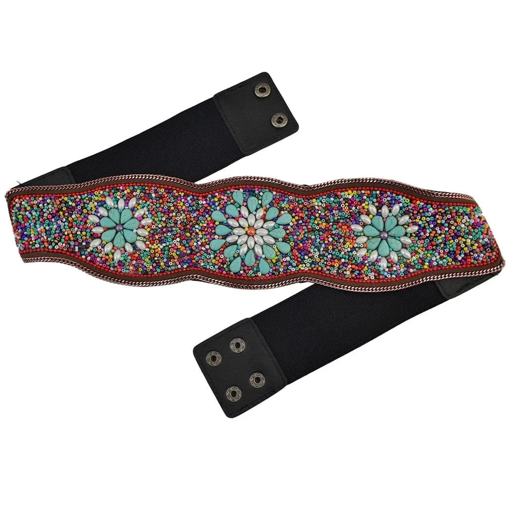 Elastic Bohemian Women belt Colorful Turquoise Bead Flower Leather Belt Bohemian Ethnic Body Jewelry