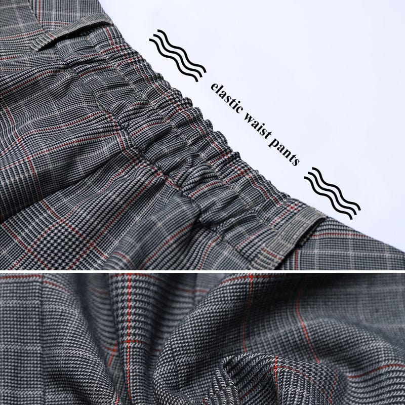 Elastic Waistband 2 Piece Set Formal Plaid Pant Suit Office Lady Work Wear Uniform Design Women Business Jacket and Trouser