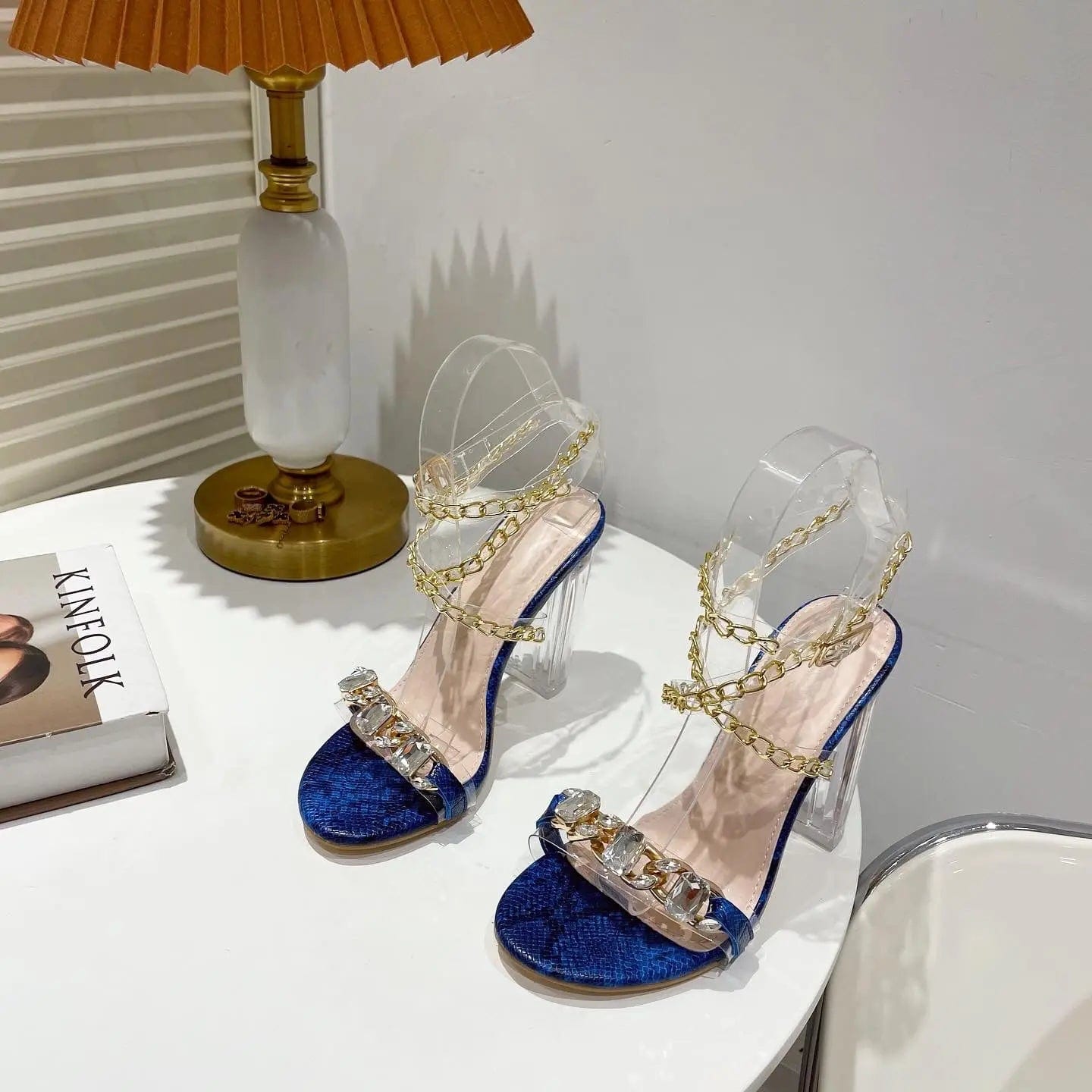 Elegant Big Crystal Decoration High Heels Sandals Women Fashion Chain Ankle Strap Rome Sandals 2023 Summer Party Shoes