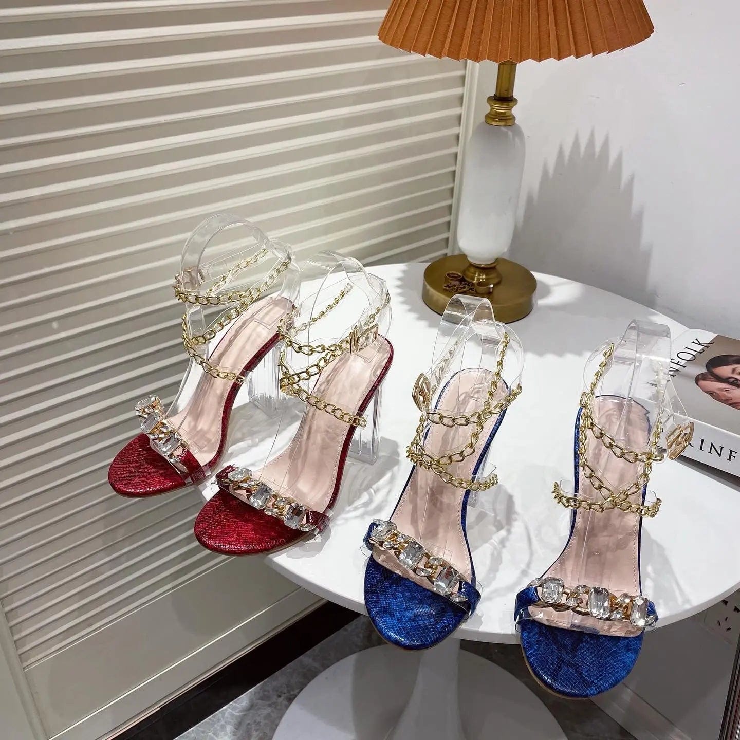 Elegant Big Crystal Decoration High Heels Sandals Women Fashion Chain Ankle Strap Rome Sandals 2023 Summer Party Shoes