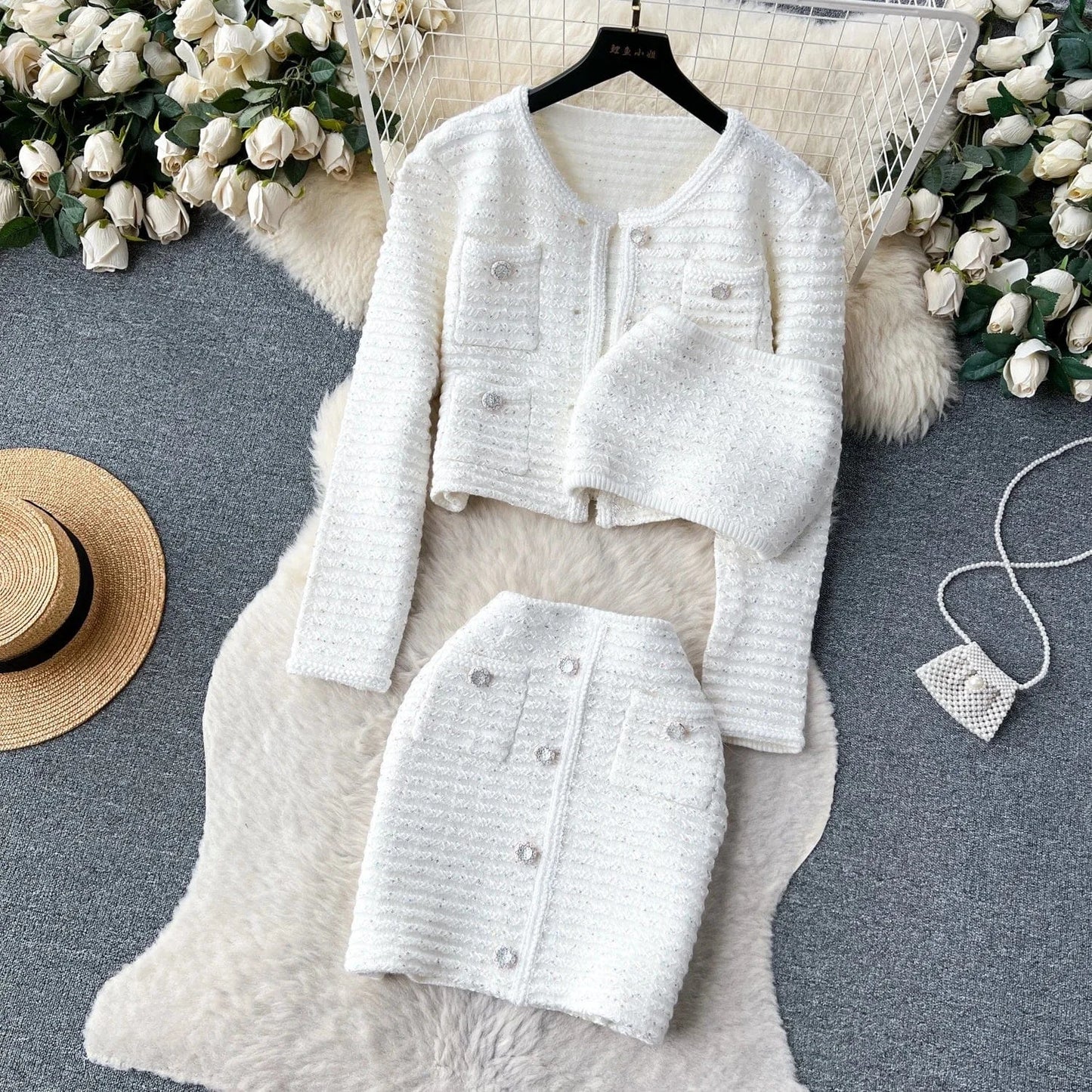 Elegant Casual Short Cardigan Sequin Knitted Set Autumn New Mini Skirt Set   Shorts Two Piece Women's Clothing