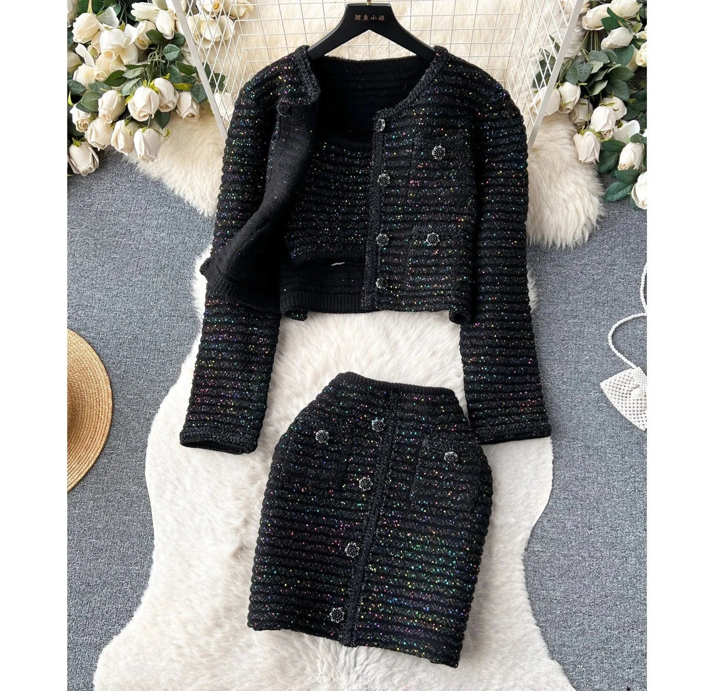 Elegant Casual Short Cardigan Sequin Knitted Set Autumn New Mini Skirt Set   Shorts Two Piece Women's Clothing