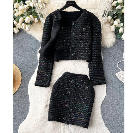 Elegant Casual Short Cardigan Sequin Knitted Set Autumn New Mini Skirt Set   Shorts Two Piece Women's Clothing