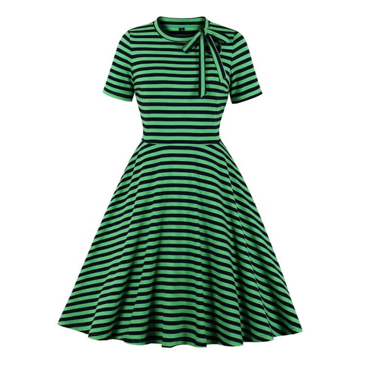 Elegant Casual Vintage Woman O-neck Knee-length A-line Horizontal Striped Dresses Striped Short Sleeve Tether Elasticity Dress