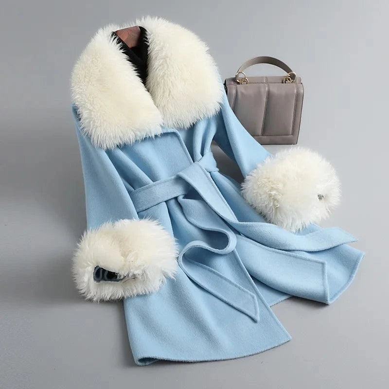 Elegant Ladies Belted Cashmere Coat Turn Down Collar Handmade Wool Coats With Fur
