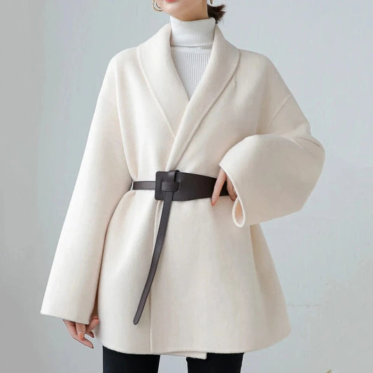 Elegant Ladies Turn Down Collar Cashmere Coat Fashion Loose Women Belted Wool Coat