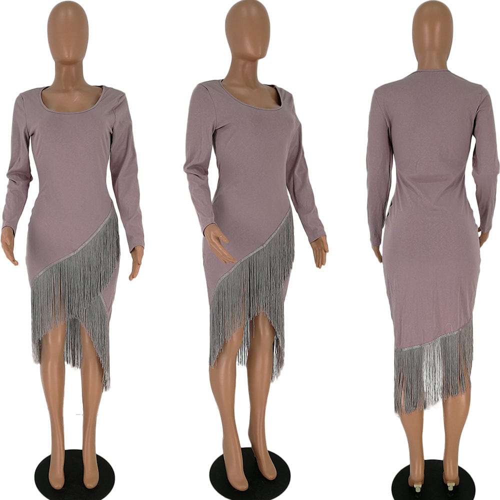 elegant lady irregular long sleeve slim tight bodycon fringe tassel club dress